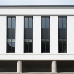 horizontal white building on 2 stone pylons, tall continuous windows with black mullions, villa savoye, mies van der rohe, farnsworth house, barcelona pavilion, double cantilever, cantilever, overhang
