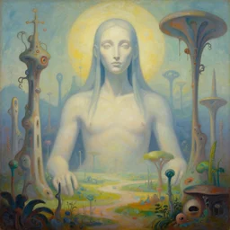 painting of peaceful beautiful distant far otherworldly massive being staring directly into the camera in a relaxing alien landscape surrounded in odd architecture and unnatural plant life, abstract art, surrealism, fantasy, retrofuturism, traditional art, gothic, 4 k, ultra hd, unreality, digital art, on artstation