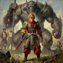 portrait full body monkey king wukong medieval chines armor fighting giant monster by gaston bussiere, greg rutkowski, yoji shinkawa, yoshitaka amano, moebius, moebius, donato giancola, tim hildebrandt, oil on canvas, trending onartstation, featured on pixiv, cinematic composition, extreme detail