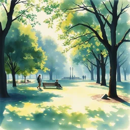 small centered on watercolor paper, paint brush strokes, abstract watercolor painting of city park, daylight, shadows, foliage, sunlight, translucent leaves, cinematic light, national romanticism by hans dahl, by jesper ejsing, by anders zorn, by greg rutkowski, by greg manchess, by tyler edlin