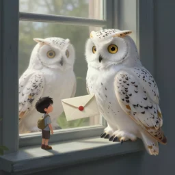 polar owl delivers an envelope at the window - sill, by artgerm, victo ngai, ryohei hase, artstation, highly detailed digital painting, smooth, global illumination, art by john james audubon by greg rutkowsky, karl spitzweg, leyendecker