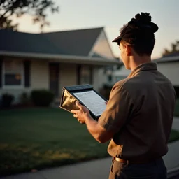 a 3 5 mm photo from the back of a mailman delivering the mail to a suburban house in the 1 9 6 0 s, bokeh, canon 5 0 mm, cinematic lighting, dramatic, film, photography, golden hour, depth of field, award - winning, 3 5 mm film grain