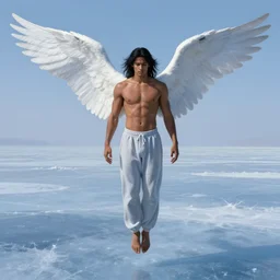 angel beck oliver with white-gray wings. shirtless and sweatpants. Floating above frozen landscape. Smooth brown skin. Long black hair. Distant full body shot. Artwork by Alex Ross