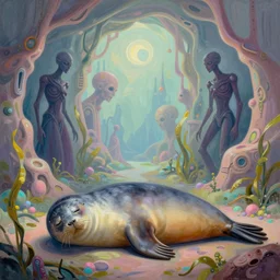 Prince in pastel!!!!, **whimsical acrylic modern pop surrealism, Even Giger-y dark overlords living in the ruins of an ancient system of tunnels and caves like to be comfy every once in a while!,** A seal sleeping peacefully in a kelp forest, **cinematic, hyper realistic, detailed, 8k, octane render**.