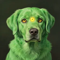hyperrealist, studio ghibli painting of a green labrador retriever with shaggy green fur and green dye opening its third eye, three eyes, middle eye is glowing yellow, third eye