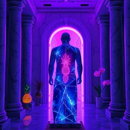 “ a beautiful mannequin made of onyx printed in 3 d geometric neon kintsugi!!, facing a giant doorway opening with a neon purple light, vaporwave pineapples + orchids, inside a room with marble columns, transcendent, vibrant color, clean linework, finely detailed, 4 k, trending on artstation, photorealistic, volumetric lighting, octane render ”