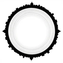 a perfect circle of concentric rings where the inside is empty blank space and around the outer edge of the circle is the silhouette of a city skyline, black and white, minimalist, in the style of a line drawing