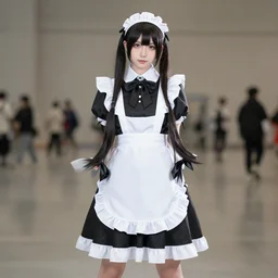 a symmetric and beautiful face, full body high definition photo of a cosplayer with twin tails, wearing maid uniform, photo taken with Sony a7R