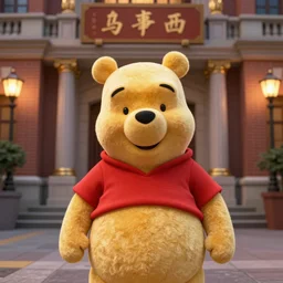 portrait of Xi Jinping dressing up as Winnie the Pooh, rule of thirds, captivating glowing lights, Chinese embassy setting, on dystopian Shanghai, photo realistic by Yaşar VURDEM , artstation, unreal engine, character concept art by Hayao Miyazaki, high quality printing