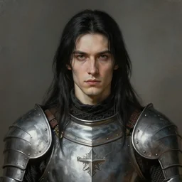 portrait of a attractive male with pale skin, long black hair and proeminent cheekbones, medieval, character design, armor, painting by wlop, nixeu and greg rutkowski, beautiful, semirealism, artstation, octane render, sharpness, 8 k, golden ratio