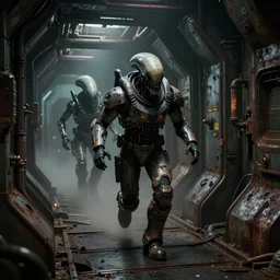 horror movie scene of an individual in futuristic armor being chased down a hallway by a xenomorph, running through a deep space mining space station, rusty metal walls, broken pipes, dark colors, muted colors, tense atmosphere, mist floats in the air, amazing value control, dead space, moody colors, dramatic lighting, ussg ishimura, frank frazetta, h. r. giger