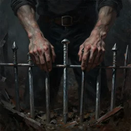 fence stakes with hands through them front view, dramatic, intense, dramatic lighting, ruin, evil, painting