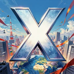 an epic comic book style painting of the uppercase letter x towering over the world, the letter x, giant font, lettering, future tokyo cityscape with ribbons, colorful banners and ribbons, masterpiece, octane render, extreme details, trending on artstation, volumetric lighting