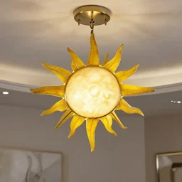 chandelier in the shape of a sun with yellow accents designed by tiffany, advertising photography, luxury home design