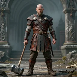 a cinematic view of wide photo from a very ornated grandpa viking berseker, shaved haircut, showing nordic tattoos in the full body, using leather armour with an hammer made of mammoth tusk, photorealistic, volummetric light, detailed, texturized, leica lens high quality