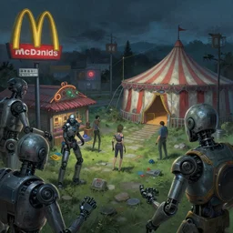 close - up of old cyborgs exploring small town cyperpunk amusement, mcdonalds sign, big top circus tent, highly detailed, nightmare, japan, digital painting, concept art, matte, art by ruan jia and wlop and greg rutkowski and makoto shinkai, masterpiece