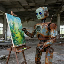 portrait of a highly detailed rusted robot, holding an easel and a paintbrush, in an abandoned brutalist warehouse, painting a beautiful green utopian landscape painting on canvas, volumetric lighting, alone, isolated, sever farm, dystopian