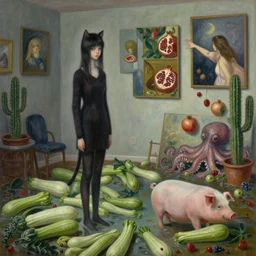 realistic painting of a flooded artist's apartment and a tall emo catgirl, many courgettes, a pig, a lady reaching out from inside paintings on the wall, pomegranates, cactus, octopus, 1 6 mm, berries, zen, sensual, surrealist painting by magritte and rousseau and monet