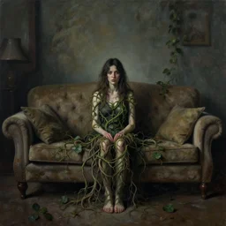 a dark moody wide angle image of a woman sitting centered on a living room couch with her body covered with vines and gnarled roots. highly detailed oil painting