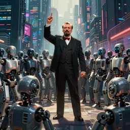 robot revolutionary speaking to a crowd of robots amid the backdrop of a cyberpunk city !!!!in the socialist realist style!!!! of lenin speaking to the red army by isaac brodsky