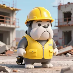 construction worker bulldog, 3 d model, unreal engine, yellow vest, yellow hard hat, photorealistic, cartoony, 4 k, artstation, ultra quality, abandoned building