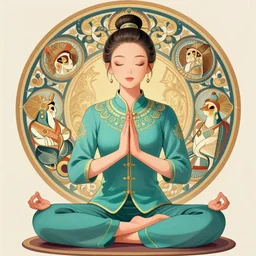 girl meditating in lotus position, teal uniform, intricate, elegant, highly detailed, artstation, sharp focus, illustration, ruan jia, mandy jurgens, rutkowski, mucha