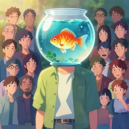 character concept of a man with a fishbowl with a fish in it for a head. vibrant colors, soft lighting, 8 k, octane render. by makoto shinkai, stanley artgerm lau, wlop, rossdraws, james jean, andrei riabovitchev, marc simonetti, krenz cushart, sakimichan, d & d trending on artstation, digital art.