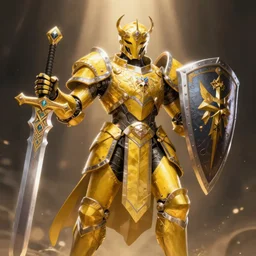 dynamic abstract portrait of a intricate glorious holy mechanical warforged character in yellow armor holding a paladin engraved great longsword drawn and carrying a big paladin shield, spotlight from face , epic , trending on ArtStation, masterpiece,  cinematic lighting, by Ross Tran and by Greg Rutkowski