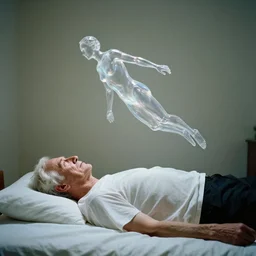 a 7 0 year old white haired man lays on a bed, a transparent iridescent figure levitates above him, by favid chipperfield, canon eos c 3 0 0, ƒ 1. 8, 3 5 mm, 8 k, medium - format print
