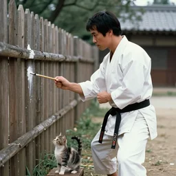 a still from the 1 9 8 0 s film the karate kit. old master mr miyagi teaches the kitten to paint the fence