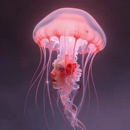 red on pink jellyfish and human face hybrid, realistic illustration, backlit, intricate, indie studio, fantasy, rim lighting, pastel shades, powerful, emotional, powerful, epic composition,