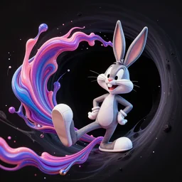 Bugs Bunny, delicately positioned and entwined in vibrant fluid hues, is being drawn and spaghettified into a blackhole, Fantasy, hyperrealism, 4k, volumetric lighting, three dimensions, spaghettification, a digitally transformed world, user interface design, 3D modeling, artstation, illustration, and transportation design. art by Andrew Chiampo, Frederik Heyman and Jonathan Zawada,