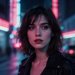 A hyper realistic and detailed head portrait photography of a Rachael of Blade Runner on a futuristic street. by David Dubnitskiy. Neo noir style. Cinematic. neon lights glow in the background. Cinestill 800T film. Lens flare. Helios 44m