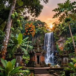 ancient forest stone temple with a waterfall and colorful tropic mango trees, banana trees, orange trees, papaya trees, sunset, high definition, high detail, photorealisitc, 8k,