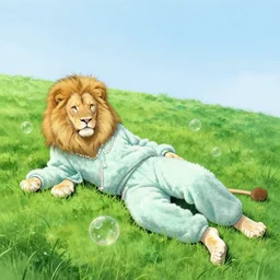 aesthetic portrait commission of a albino male furry anthro lion lying on a perfect empty green grassy hill similar to windows xp wallpaper with bubbles surrounding him while wearing a cute mint colored cozy soft pastel winter outfit with pearls on it, winter Atmosphere. Character design by charlie bowater, ross tran, artgerm, and makoto shinkai, detailed, inked, western comic book art, award winning painting