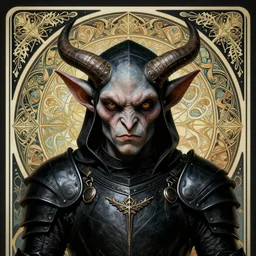 head-on symmetrical centered painted portrait, goblin imp assassin, black leather armour, art nouveau, tarot card style, complex fractal tarot card background, fantasy, intricate, elegant, highly detailed, smooth, sharp focus, illustration, artstation, in the style of Artgerm and Anna Podedworna and Alex Ross and Mucha