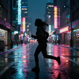 a silhouetted person with long, flowing hair runs through an empty neon - lit brutalist city in the rain, colored gel lighting, reflective surfaces, midnight, kodak portra, 8 k art print, film grain, high contrast, hyperdetailed, chromatic aberration, dynamic pose