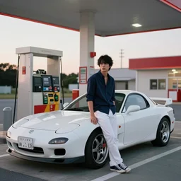 very serious ryosuke takahashi with black hair wearing a dark blue shirt and white pants stands alone leaning on his white mazda rx 7 on an empty gas station, late evening sunset in japan, initial d anime 1 0 8 0 p, detailed anime face, high detail, 9 0 s anime aesthetic, volumetric lights, art by studio comet, pinterest wallpaper,