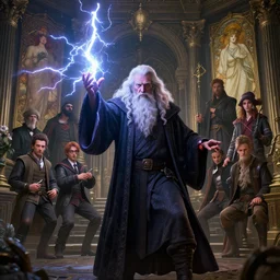 highly detailed vfx portrait of an old mage casting a lightning spell, unreal engine, greg rutkowski, loish, rhads, beeple, makoto shinkai and lois van baarle, ilya kuvshinov, rossdraws, tom bagshaw, alphonse mucha, global illumination, detailed and intricate environment