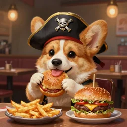 a portrait of an anthropomorphic corgi pirate eating hamburgers and fries, restaurant in background, cute and adorable, dnd character art portrait, well rendered matte fantasy painting, deviantart artstation, by jason felix by steve argyle by tyler jacobson by peter mohrbacher, cinematic lighting