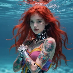 portrait of a robot girl with long red hair and tattoo, under water, very beautiful enga style, girl wrapped in color, photorealism albrecht durer george copeland ault