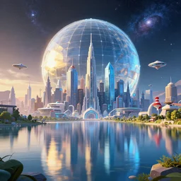 beautiful cyberpunk city in the style of dr. seuss, lake, reflection, straight lines, spacecrafts, futuristic, giant glass dome in space, golden hour, light diffusion, galaxy, stars, hyperrealistic, award winning, low poly, highly detailed painting, blue, glass, extremely wide angle, short exposure