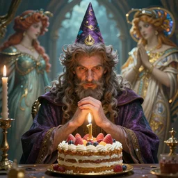 a wizard enjoying their birthday cake, art by artgerm and greg rutkowski and alphonse mucha, concept art, octane render, unreal engine 5, highly detailed, high quality, 8 k, soft lighting, realistic face, path traced
