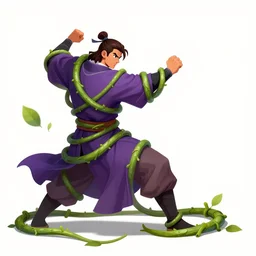 fantasy character illustration of a man in a purple robe fighting a green vine wrapped tight around the man, trending on artstation, digital art ( by brad rigney ) ( by greg rutkowski ) ( by artur treffner )