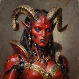 painted close - up portrait of an attractive robot red - skinned intimidating demon queen with ram horns. oil painting, wearing a noblewoman's outfit, fantasy art by greg rutkowski and john singer sargent and gaston bussiere, demon noble character design