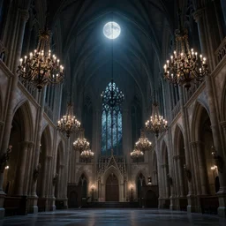 large gothic hall with large chandeliers under the ceiling, horror movie, moonlight, unreal engine, detailed