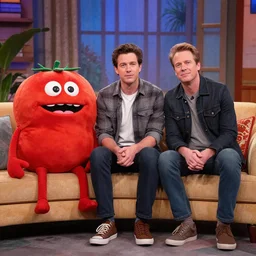 rhett and link sitting on the set of good mythical morning, with a new guest a tomato monster