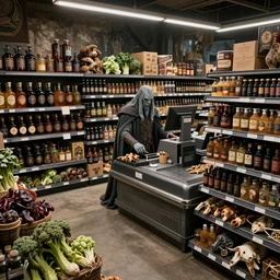 Orc supermarket in Mordor, wide shot, shelves are full of arcane wares, tinctures, mouldy vegetables, dark coloured toiletries and animal body parts. Sauron is working on each checkout. photoreal, 8k render n- 10