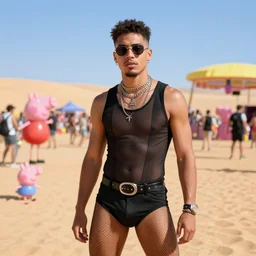 a realistic peppa pig rave in the desert, clubber, mamba negra