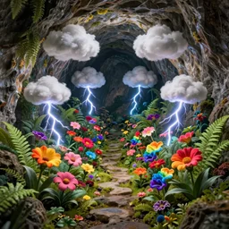 inside a cave with a miniature hyper - realistic garden of bright coloured rainbow flowers and ferns : 4, highly symmetrical, balanced, lightning clouds : 6, octane render, in the style of sahm : 3, hd, 4 k, ultra - realistic, in unreal engine